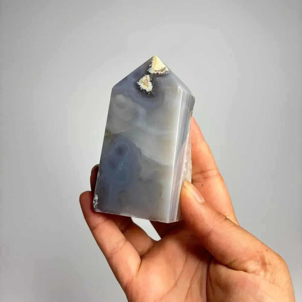 Polished Blue Grey Agate Crystal Tower with Druzy Quartz